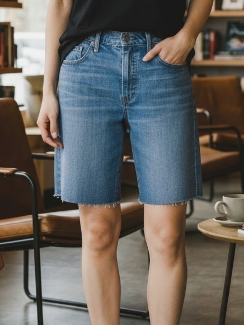 Madewell High-Rise Denim Mid-Length Shorts Raw Hem Blue Size 32